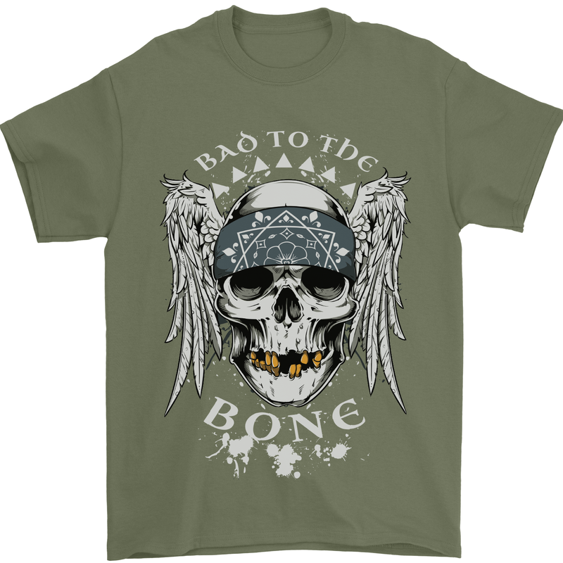Bad 2 the Bone Biker Skull Angel Motorcycle Mens T-Shirt Cotton Gildan Military Green