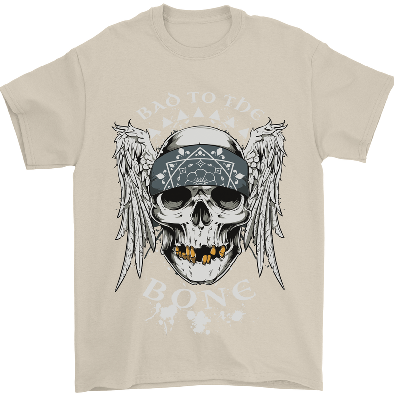 Bad 2 the Bone Biker Skull Angel Motorcycle Mens T-Shirt Cotton Gildan Sand