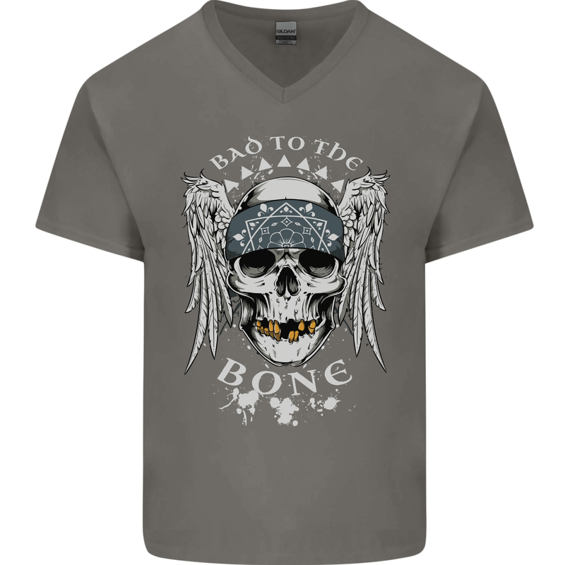 Bad 2 the Bone Biker Skull Angel Motorcycle Mens V-Neck Cotton T-Shirt Charcoal