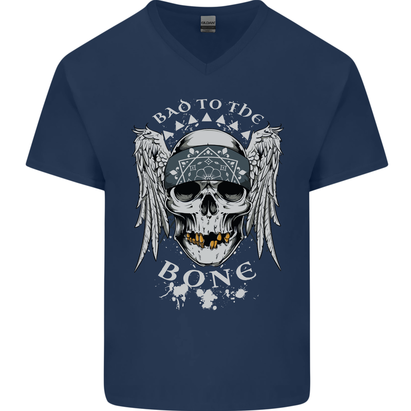 Bad 2 the Bone Biker Skull Angel Motorcycle Mens V-Neck Cotton T-Shirt Navy Blue
