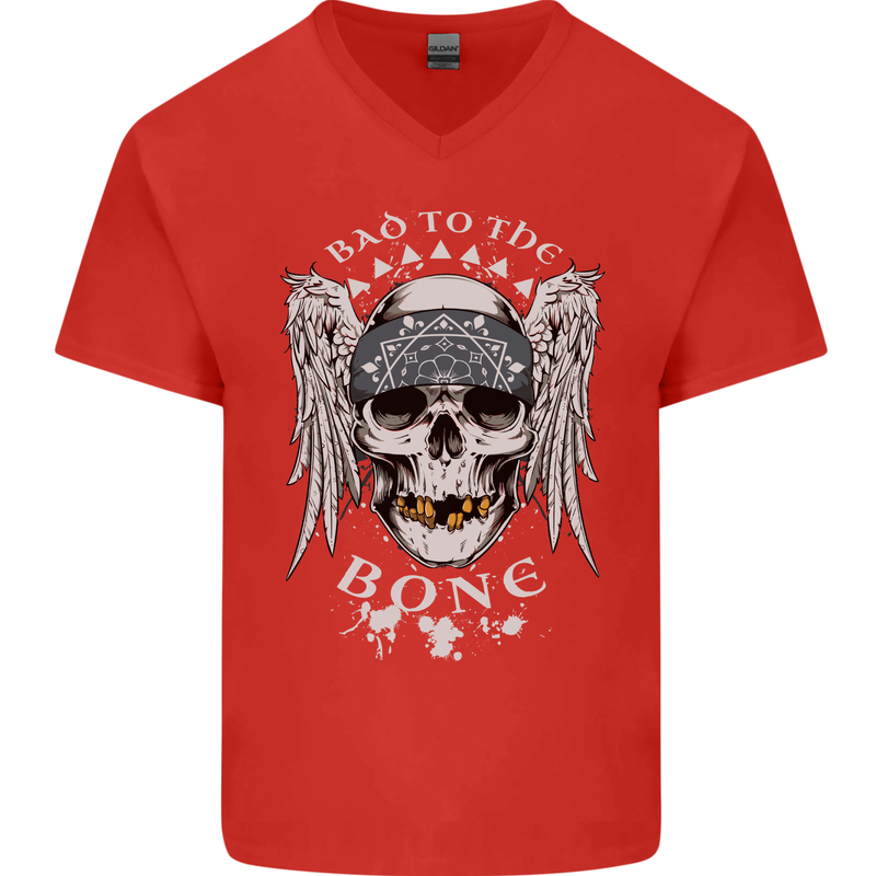 Bad 2 the Bone Biker Skull Angel Motorcycle Mens V-Neck Cotton T-Shirt Red