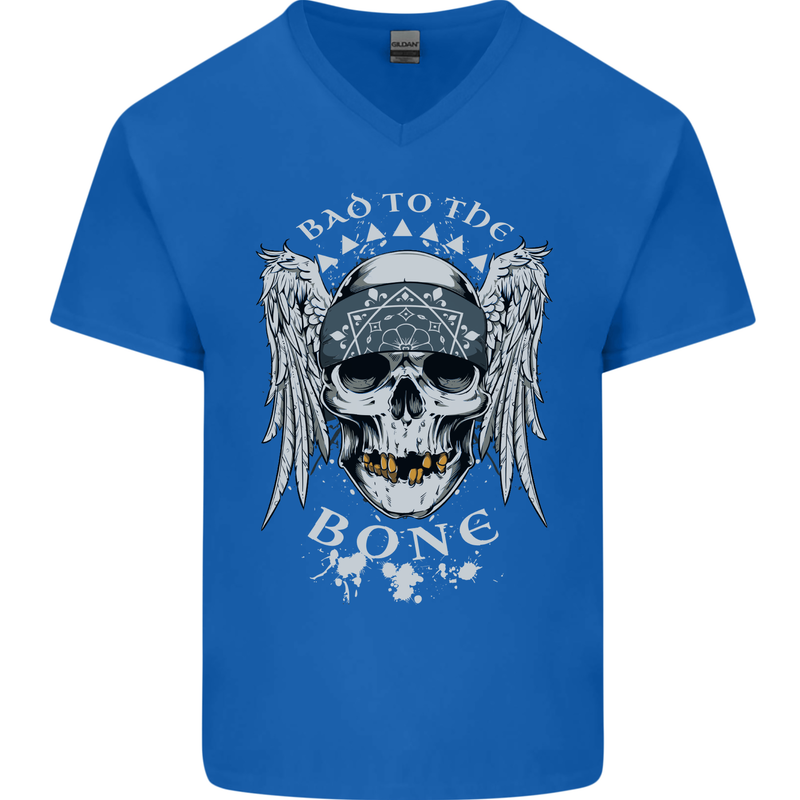 Bad 2 the Bone Biker Skull Angel Motorcycle Mens V-Neck Cotton T-Shirt Royal Blue