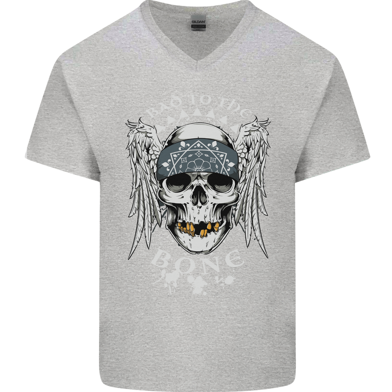 Bad 2 the Bone Biker Skull Angel Motorcycle Mens V-Neck Cotton T-Shirt Sports Grey