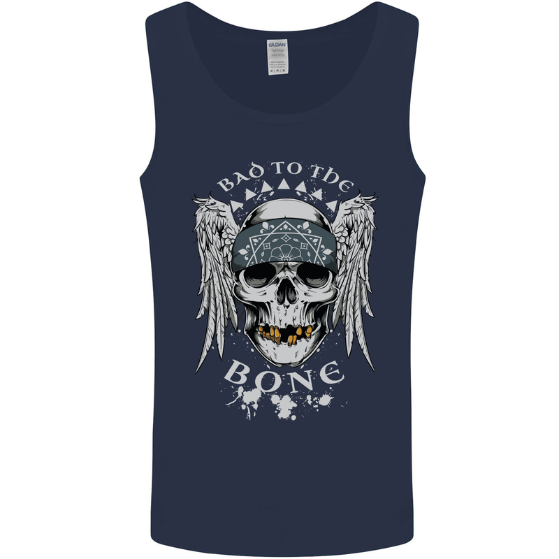 Bad 2 the Bone Biker Skull Angel Motorcycle Mens Vest Tank Top Navy Blue