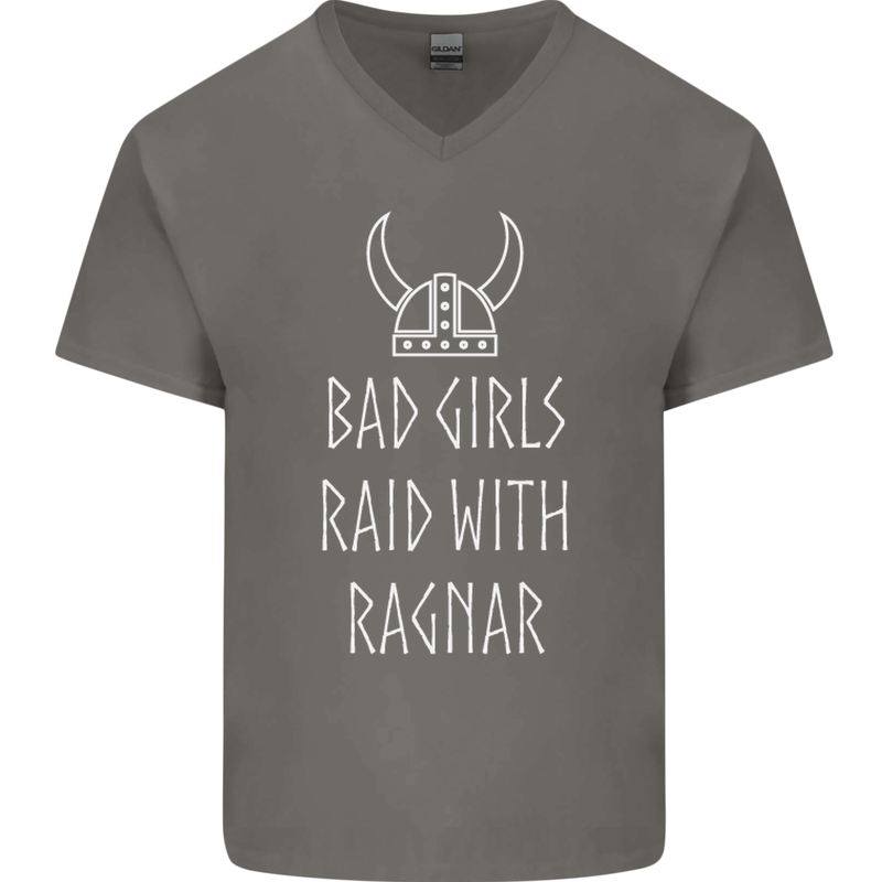 Bad Girls Raid With Ragnar Vikings Valhalla Mens V-Neck Cotton T-Shirt Charcoal