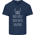 Bad Girls Raid With Ragnar Vikings Valhalla Mens V-Neck Cotton T-Shirt Navy Blue