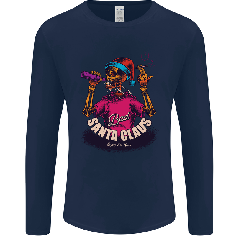 Bad Santa Claus Funny Skull Beer Alcohol Mens Long Sleeve T-Shirt Navy Blue