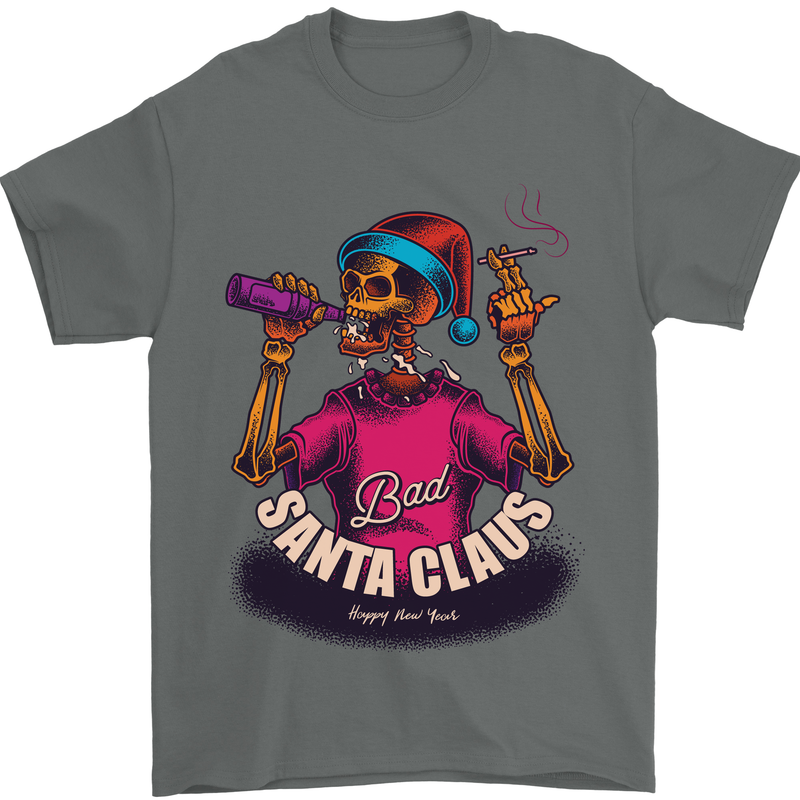 Bad Santa Claus Funny Skull Beer Alcohol Mens T-Shirt 100% Cotton Charcoal