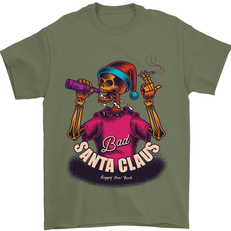 Bad Santa Claus Funny Skull Beer Alcohol Mens T-Shirt 100% Cotton Military Green