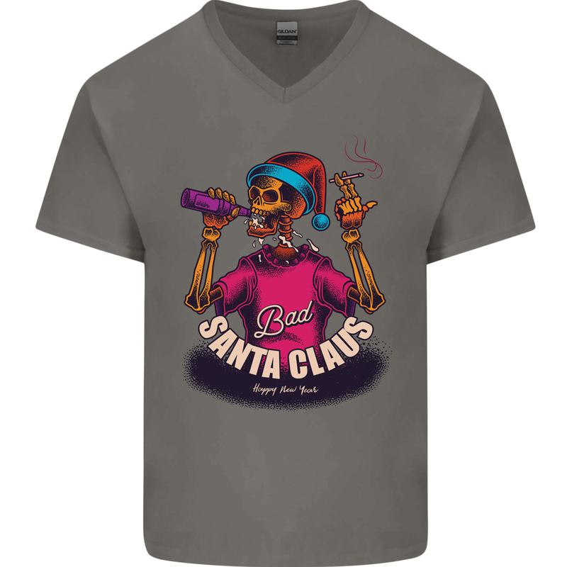 Bad Santa Claus Funny Skull Beer Alcohol Mens V-Neck Cotton T-Shirt Charcoal