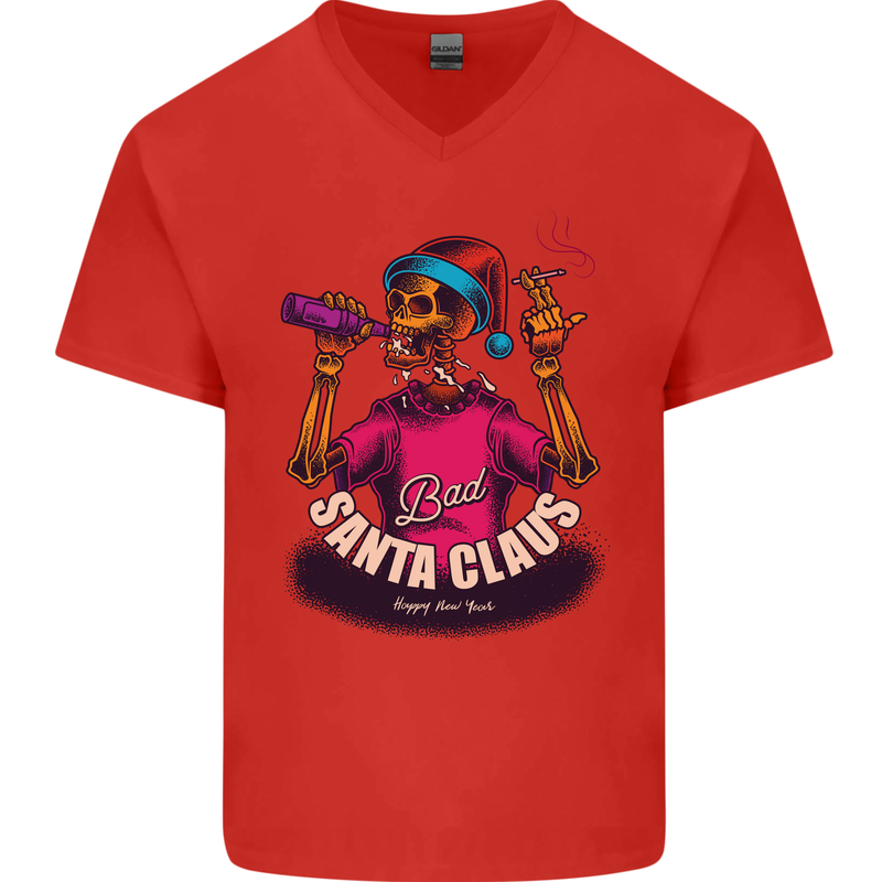 Bad Santa Claus Funny Skull Beer Alcohol Mens V-Neck Cotton T-Shirt Red