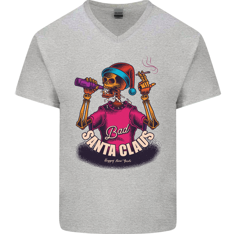 Bad Santa Claus Funny Skull Beer Alcohol Mens V-Neck Cotton T-Shirt Sports Grey