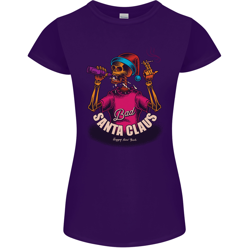 Bad Santa Claus Funny Skull Beer Alcohol Womens Petite Cut T-Shirt Purple