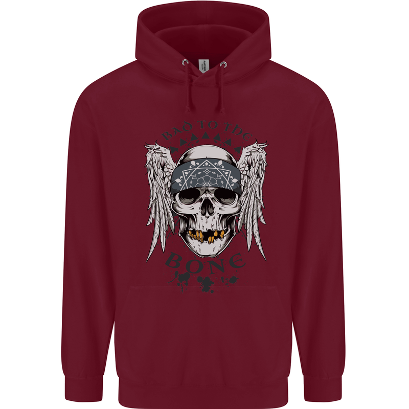 Bad to the Bone Biker Skull Angel Motorbike Childrens Kids Hoodie Maroon