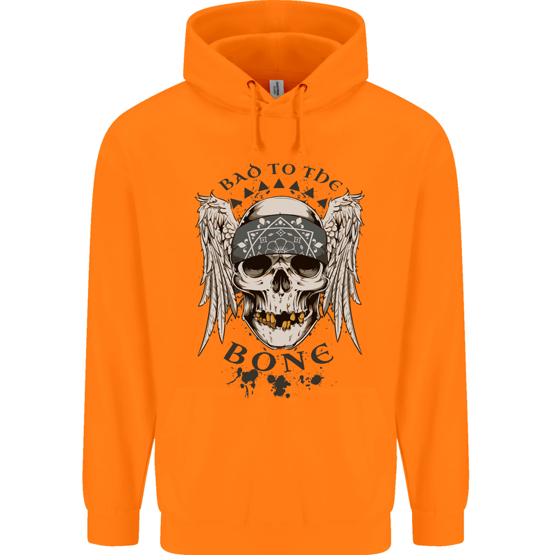 Bad to the Bone Biker Skull Angel Motorbike Childrens Kids Hoodie Orange