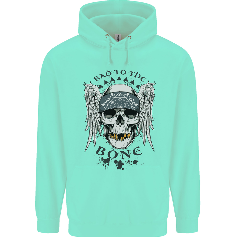 Bad to the Bone Biker Skull Angel Motorbike Childrens Kids Hoodie Peppermint