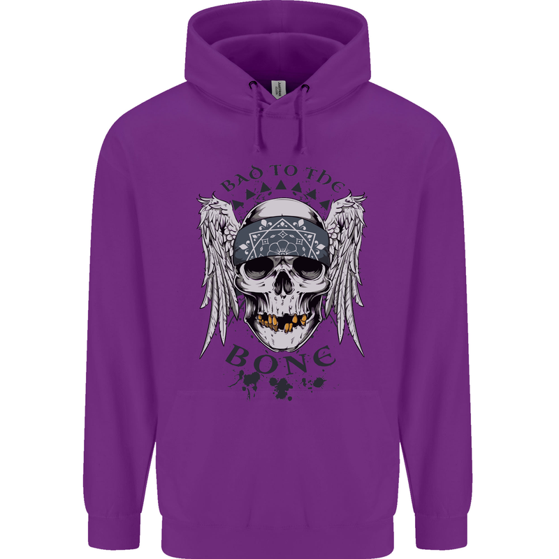 Bad to the Bone Biker Skull Angel Motorbike Childrens Kids Hoodie Purple