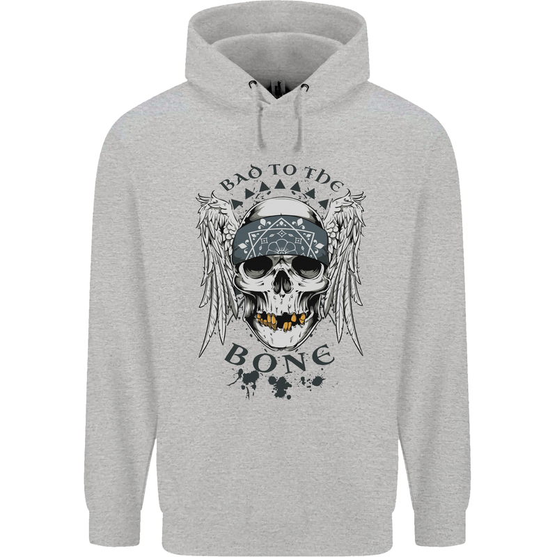 Bad to the Bone Biker Skull Angel Motorbike Childrens Kids Hoodie Sports Grey
