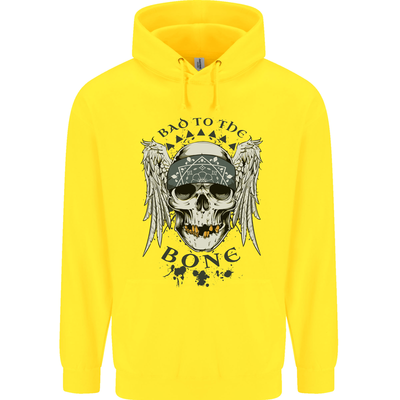 Bad to the Bone Biker Skull Angel Motorbike Childrens Kids Hoodie Yellow