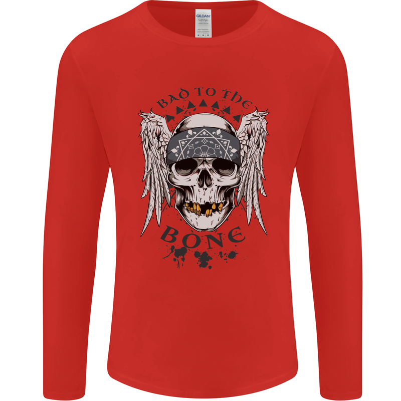 Bad to the Bone Biker Skull Angel Motorbike Mens Long Sleeve T-Shirt Red