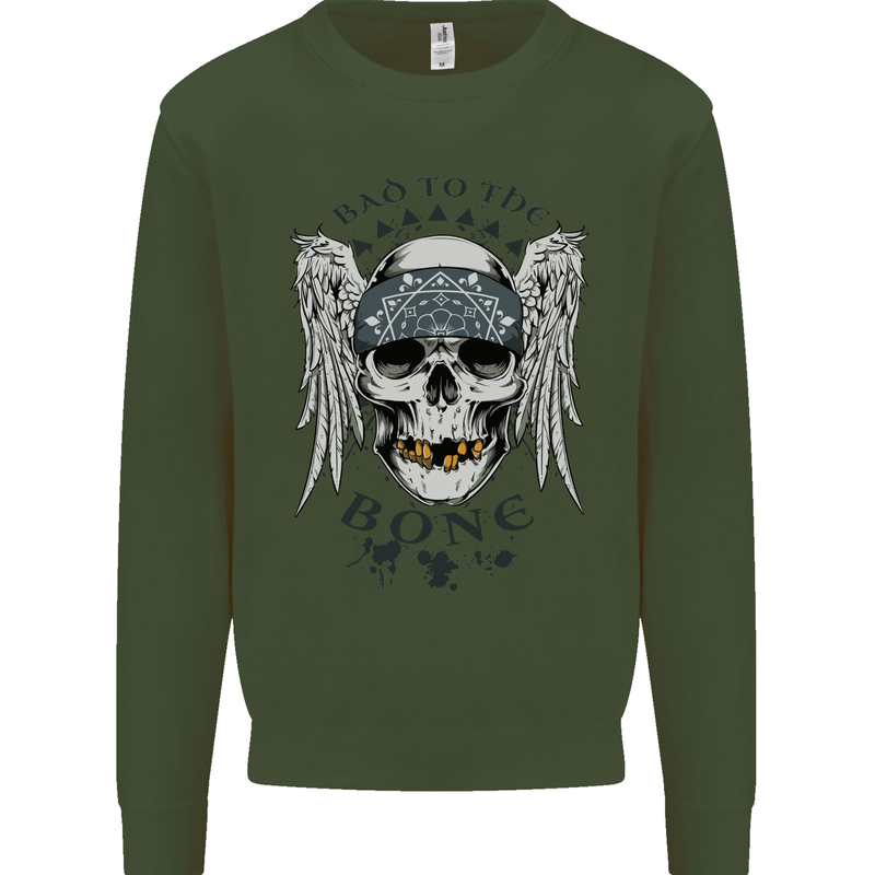 Bad to the Bone Biker Skull Angel Motorbike Mens Sweatshirt Jumper Forest Green