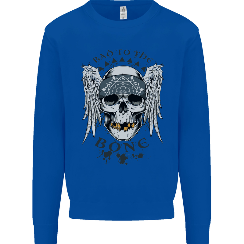 Bad to the Bone Biker Skull Angel Motorbike Mens Sweatshirt Jumper Royal Blue