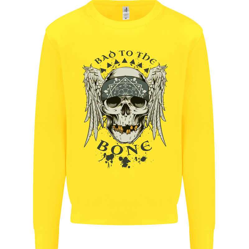 Bad to the Bone Biker Skull Angel Motorbike Mens Sweatshirt Jumper Yellow