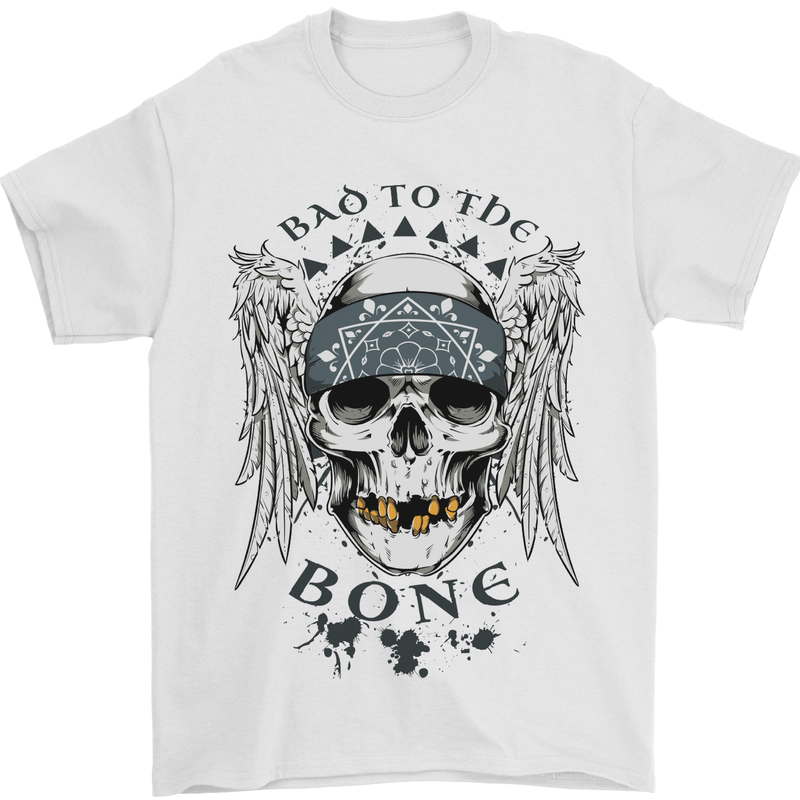 Bad to the Bone Biker Skull Angel Motorbike Mens T-Shirt Cotton Gildan White