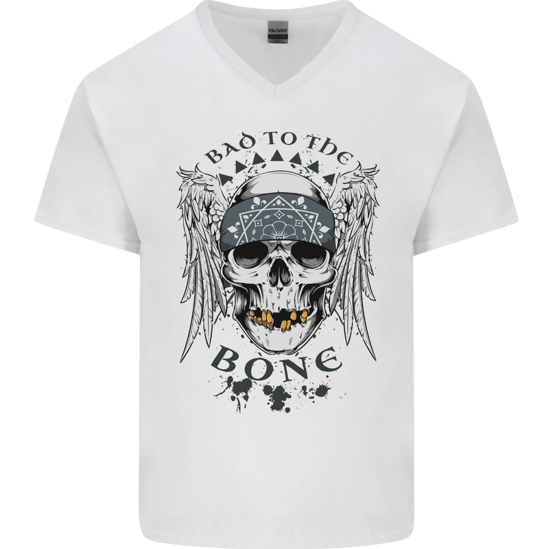 Bad to the Bone Biker Skull Angel Motorbike Mens V-Neck Cotton T-Shirt White
