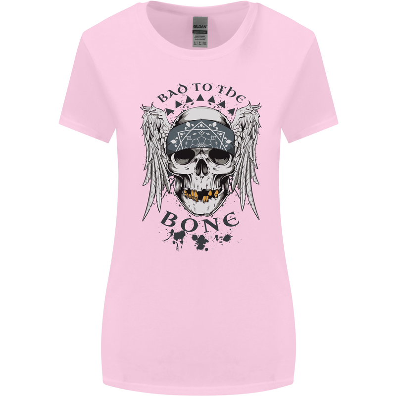 Bad to the Bone Biker Skull Angel Motorbike Womens Wider Cut T-Shirt Light Pink