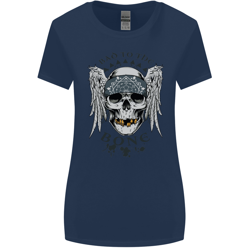 Bad to the Bone Biker Skull Angel Motorbike Womens Wider Cut T-Shirt Navy Blue