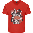 Bagpipes Skeleton Mens V-Neck Cotton T-Shirt Red