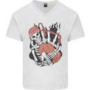 Bagpipes Skeleton Mens V-Neck Cotton T-Shirt White