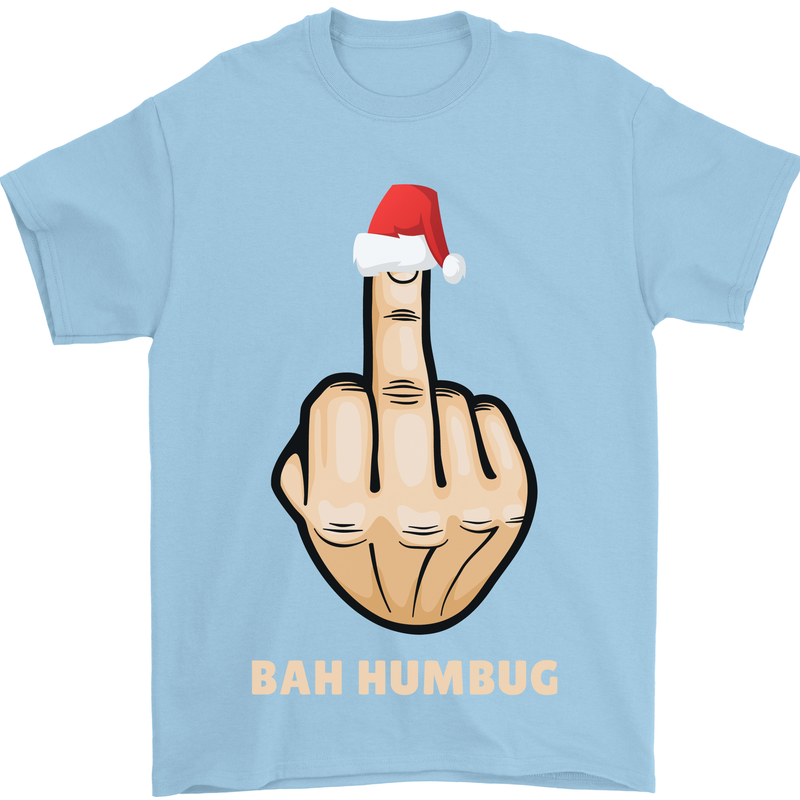 Bah Humbug Finger Flip Funny Christmas Rude Mens T-Shirt Cotton Gildan Light Blue