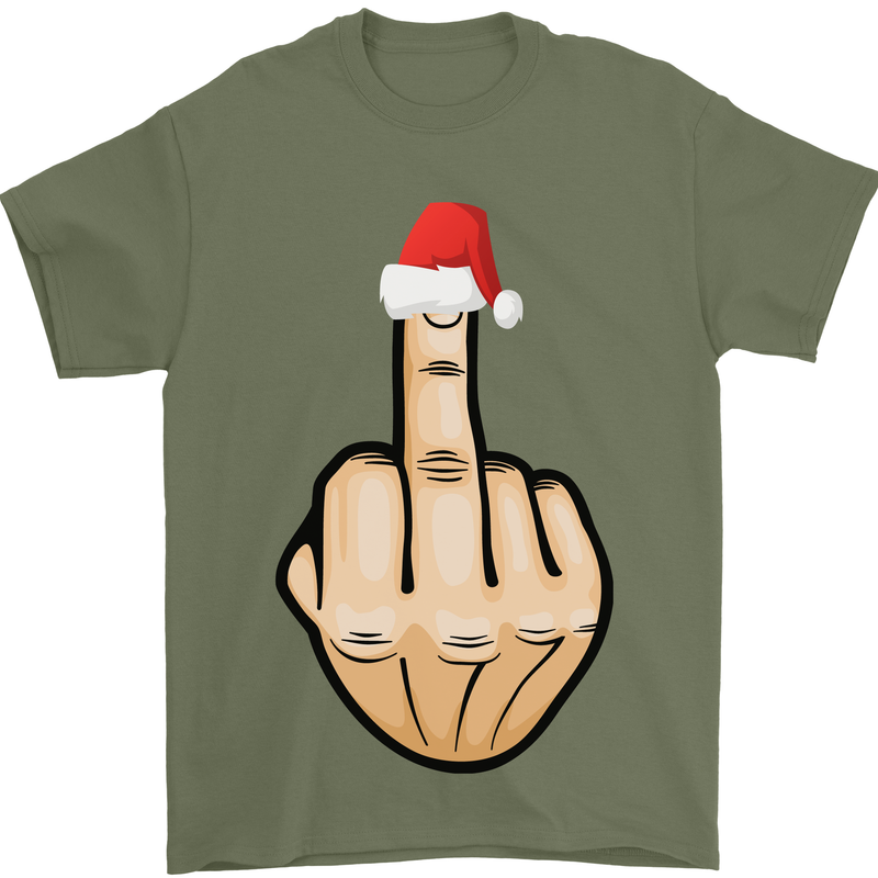 Bah Humbug Finger Flip Funny Christmas Rude Mens T-Shirt Cotton Gildan Military Green