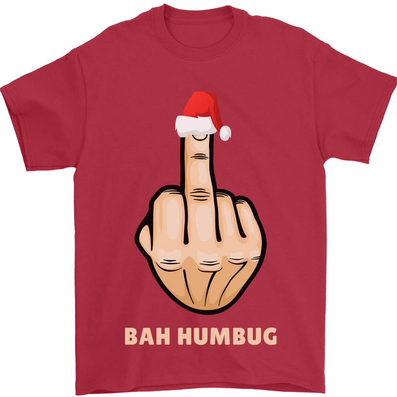 Bah Humbug Finger Flip Funny Christmas Rude Mens T-Shirt Cotton Gildan Red