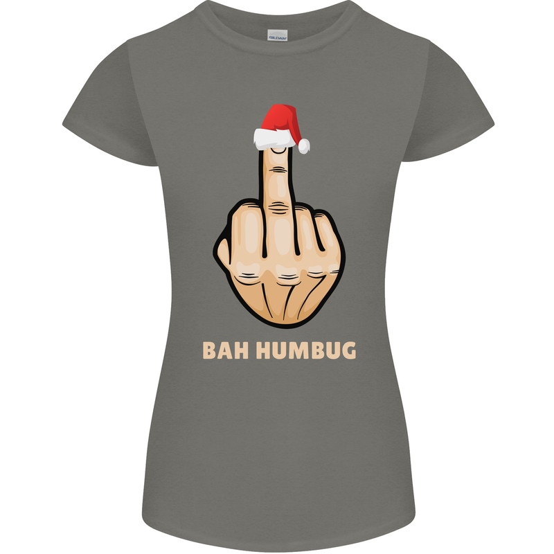 Bah Humbug Finger Flip Funny Christmas Rude Womens Petite Cut T-Shirt Charcoal