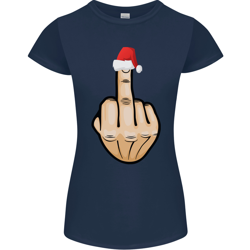 Bah Humbug Finger Flip Funny Christmas Rude Womens Petite Cut T-Shirt Navy Blue
