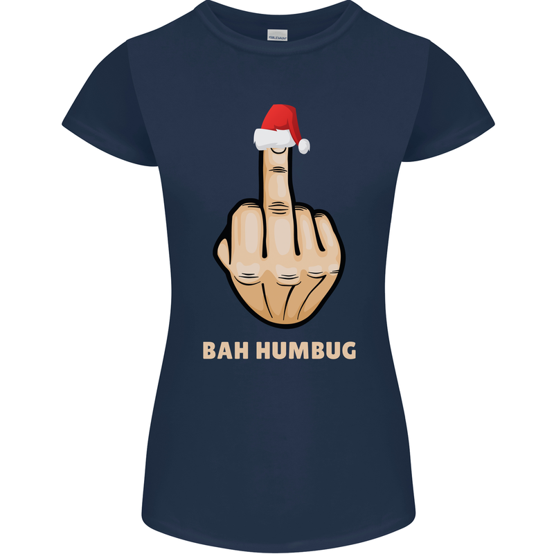 Bah Humbug Finger Flip Funny Christmas Rude Womens Petite Cut T-Shirt Navy Blue