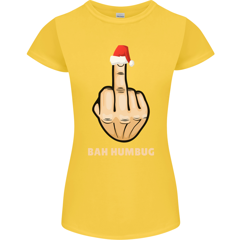 Bah Humbug Finger Flip Funny Christmas Rude Womens Petite Cut T-Shirt Yellow