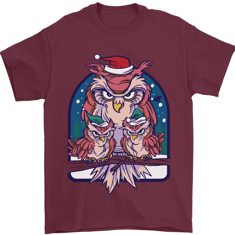Bah Humbug Grumpy Christmas Owls Mens T-Shirt Cotton Gildan Maroon