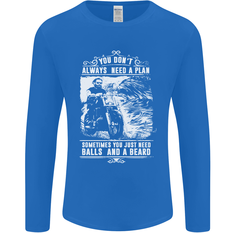 Balls & Beard Biker Motorcycle Motorbike Mens Long Sleeve T-Shirt Royal Blue