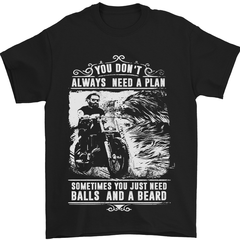 Balls & Beard Biker Motorcycle Motorbike Mens T-Shirt Cotton Gildan Black
