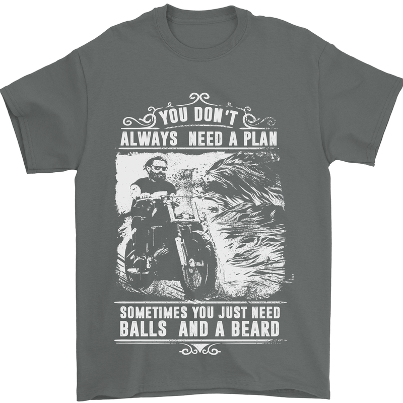 Balls & Beard Biker Motorcycle Motorbike Mens T-Shirt Cotton Gildan Charcoal