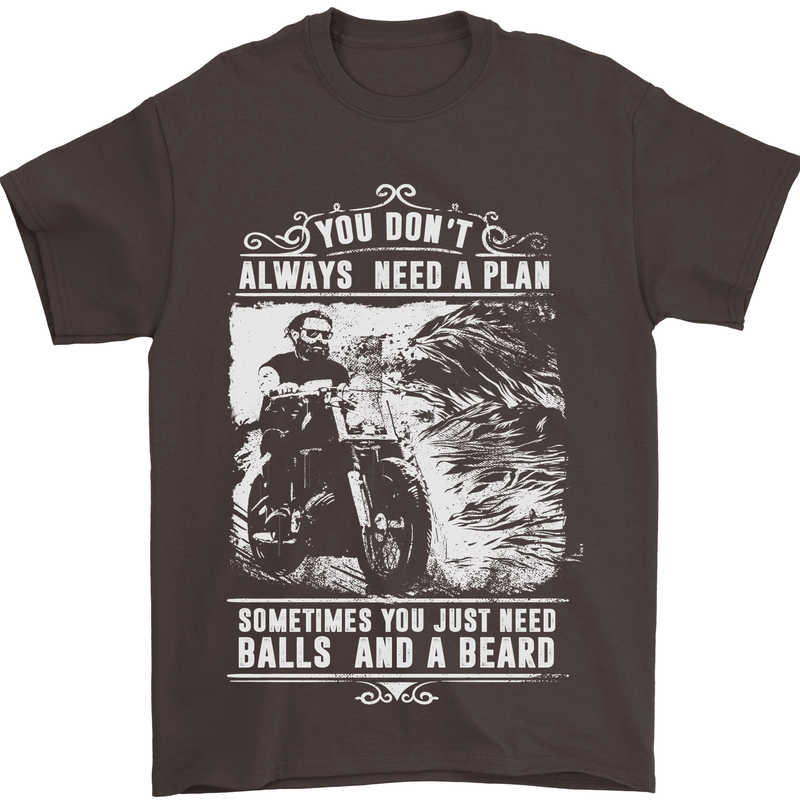 Balls & Beard Biker Motorcycle Motorbike Mens T-Shirt Cotton Gildan Dark Chocolate