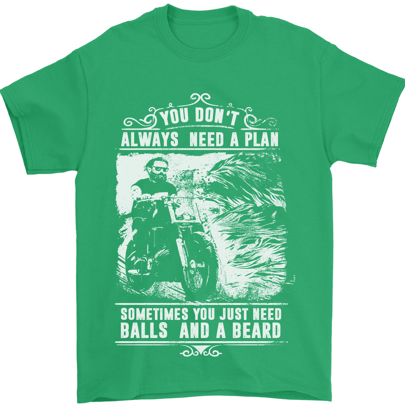 Balls & Beard Biker Motorcycle Motorbike Mens T-Shirt Cotton Gildan Irish Green