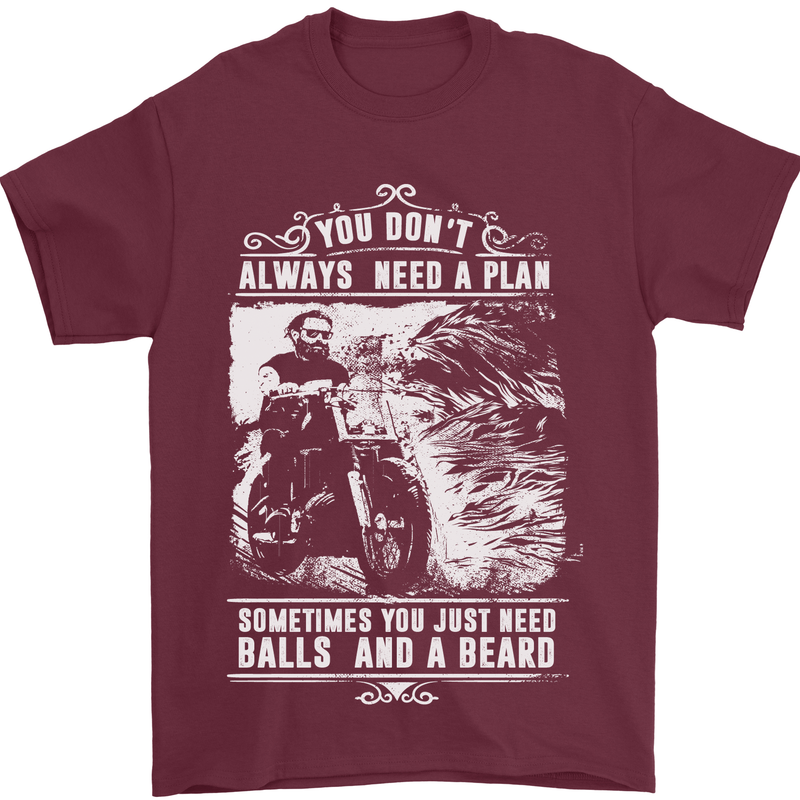 Balls & Beard Biker Motorcycle Motorbike Mens T-Shirt Cotton Gildan Maroon