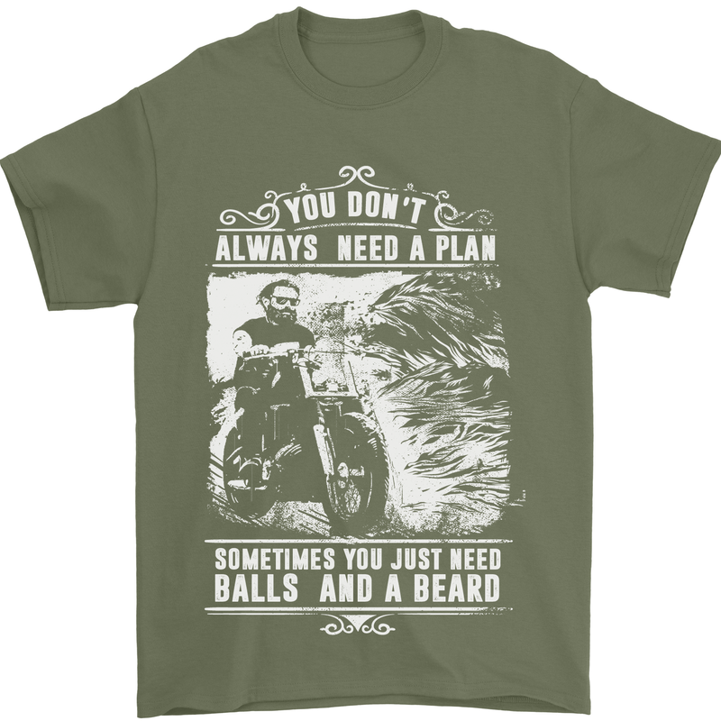 Balls & Beard Biker Motorcycle Motorbike Mens T-Shirt Cotton Gildan Military Green