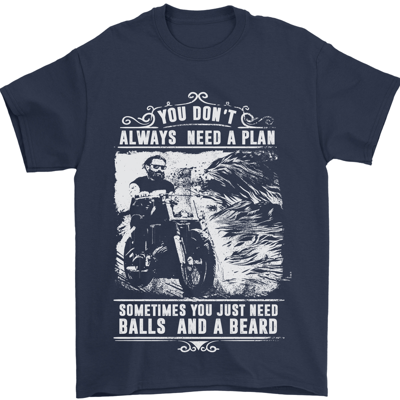 Balls & Beard Biker Motorcycle Motorbike Mens T-Shirt Cotton Gildan Navy Blue
