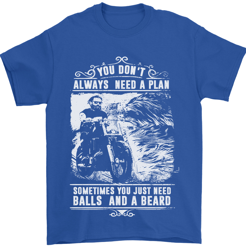 Balls & Beard Biker Motorcycle Motorbike Mens T-Shirt Cotton Gildan Royal Blue